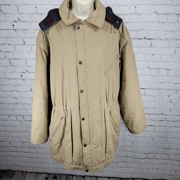 London Fog Towne Tan Removable Hood Plaid Lined Full Zip Coat Size Large L - Picture 1 of 15
